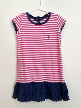 Ralph Lauren Pink & White Striped Knit Dress with Navy Eyelet Ruffle